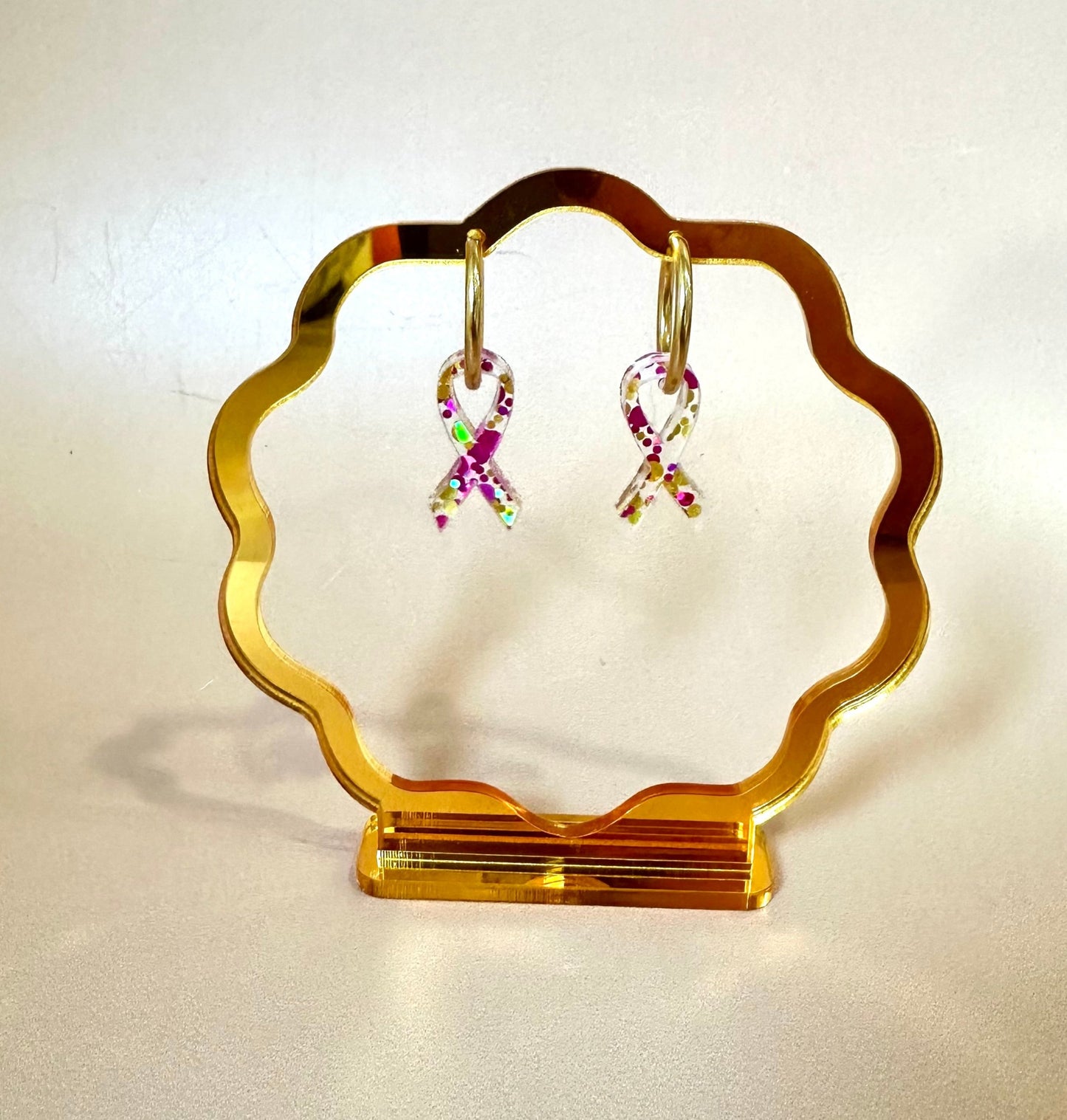 Boucles d'oreilles Créoles interchangeables - Octobre rose ruban paillette