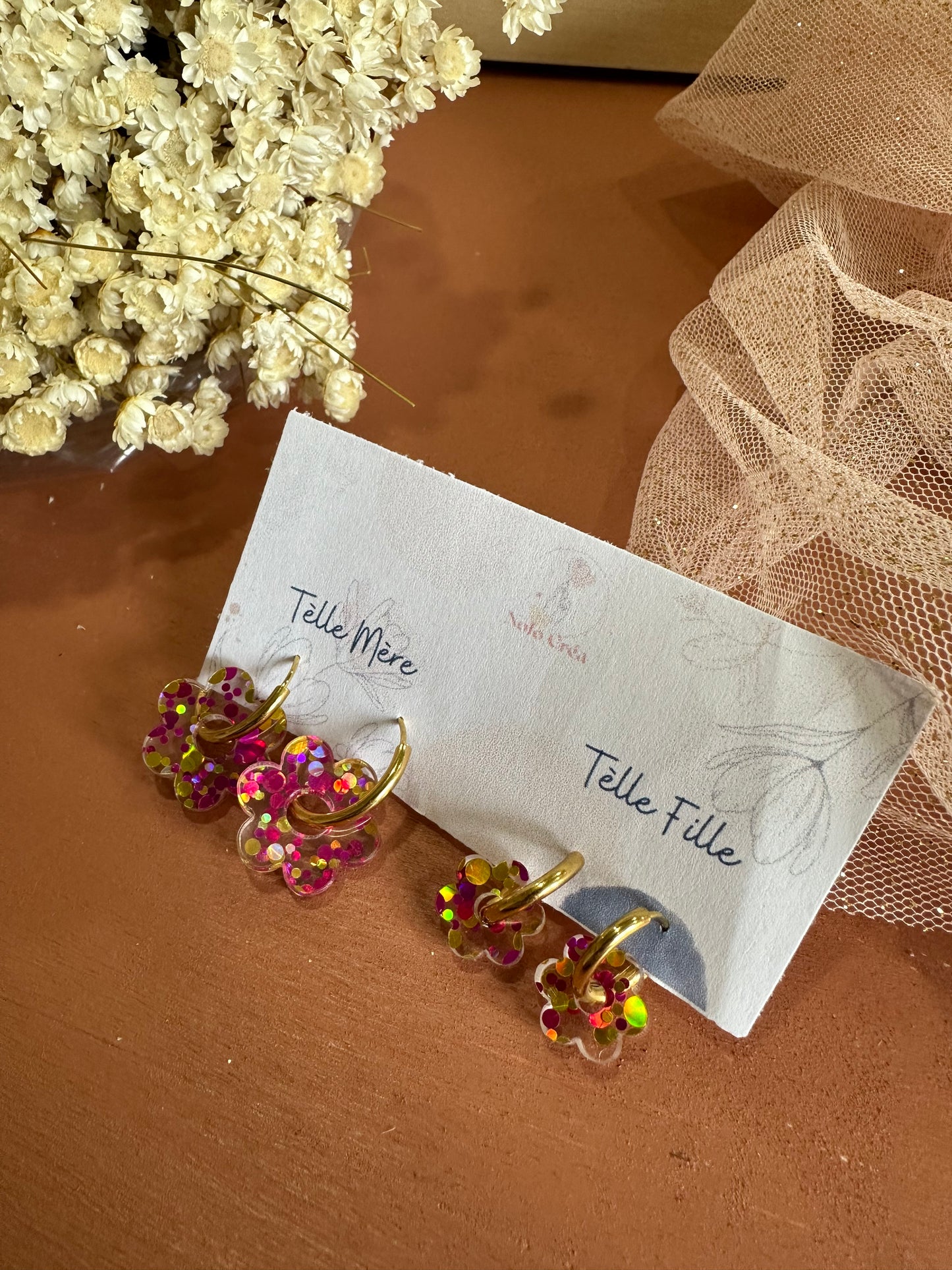 Boucles d'oreilles Créoles mini fleurs Mère-Fille