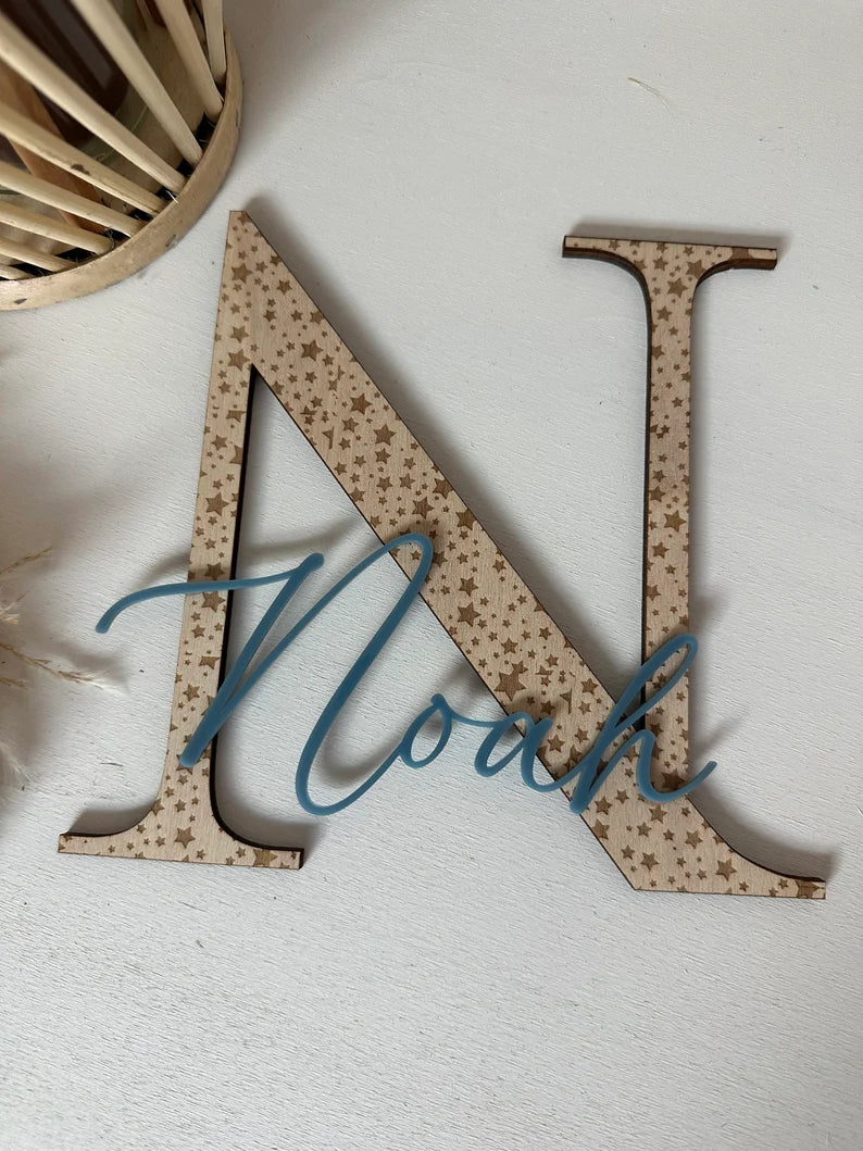 Lettre en bois avec prénom en plexiglass - Thème Céleste