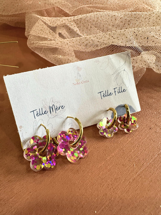 Boucles d'oreilles Créoles mini fleurs Mère-Fille